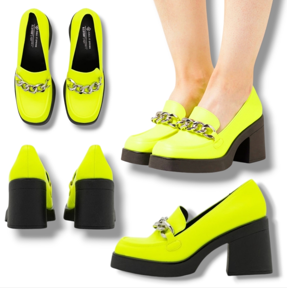 CALL IT SPRING Women's Noella Bright Green Chain Accent Vegan Platform Loafers